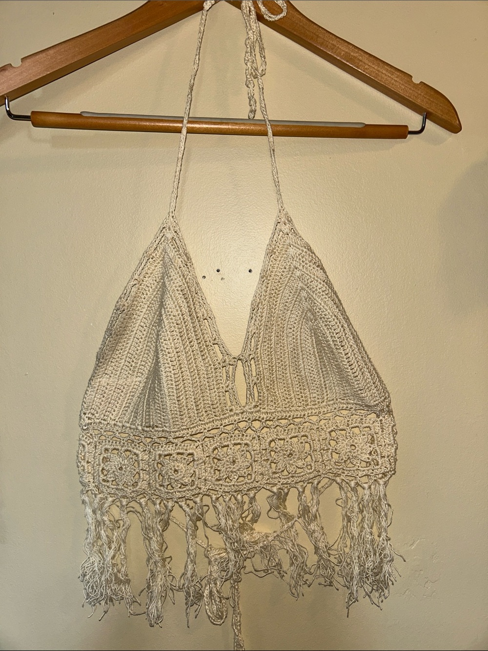 Crochet Halter Crop Top with Fringe - Cream